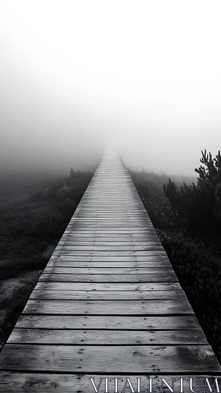 Fogbound boardwalk path fading into white horizon.