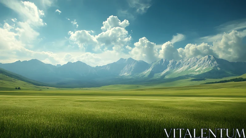 Emerald prairie hush beneath cloud crowned mountain guardians.