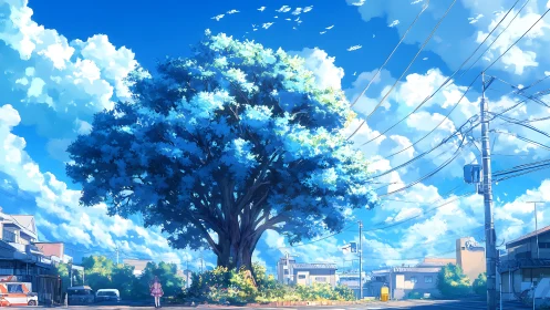 Giant blue tree dominates quiet suburban summer street.