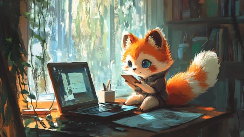 Digital painting of fox scholar in sunlit creative home studio.