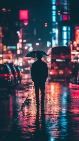 Silhouetted person holds umbrella on neon lit rainy street