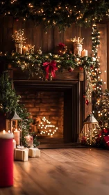 Warm Christmas fireplace with candles and garlands decor.