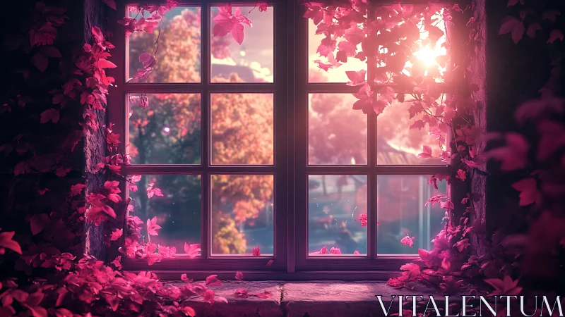Sunlit window frames pink foliage and soft garden view
