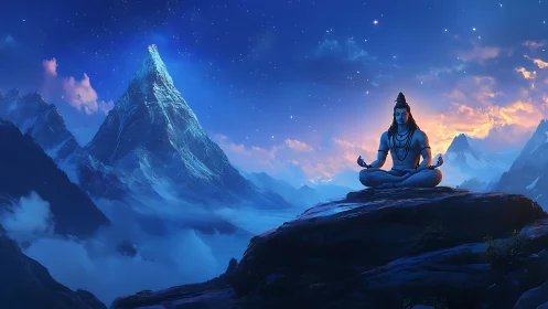 Shiva statue meditating on rocky peak under twilight sky.
