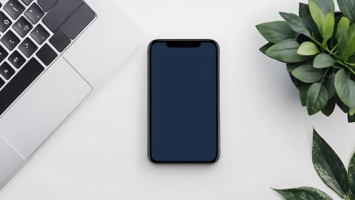 Minimal desk trinity: silent smartphone, laptop, leafy ally.