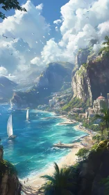 Clifftop Mediterranean Village Overlooks Turquoise Coastal Waters