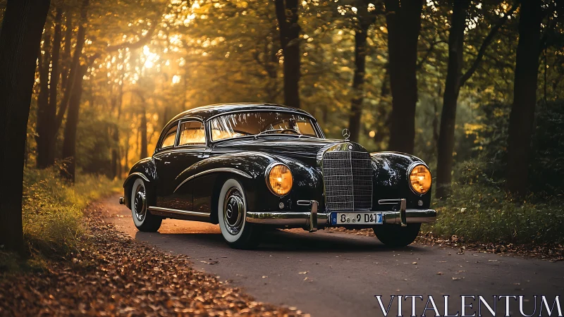 Classic black coupe parked on forest road at sunset.