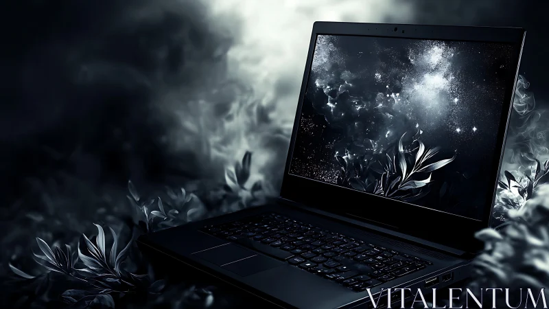 Dark laptop emitting ethereal floral smoke in cyber-noir ambience
