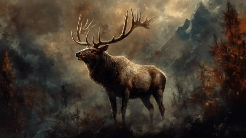 Large stag stands in misty mountainous forest environment