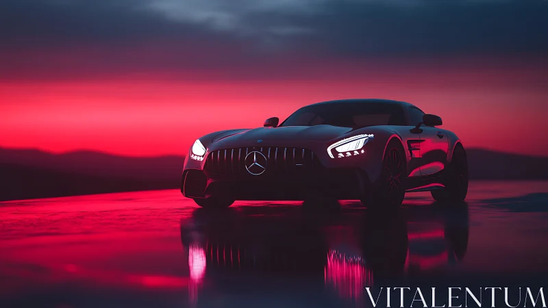 Sleek sports car glows against a dramatic neon dusk horizon