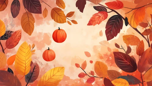 Autumnal foliage array with stylized pumpkins in warm gradients.
