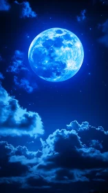 Luminous blue moon above stratified nocturnal cloud decks.