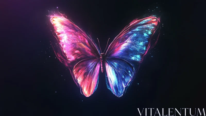 Glowing neon butterfly silhouette floats on dark background