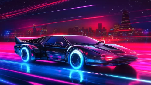 Neon-lit retro supercar rendered with high-gloss reflections in motion