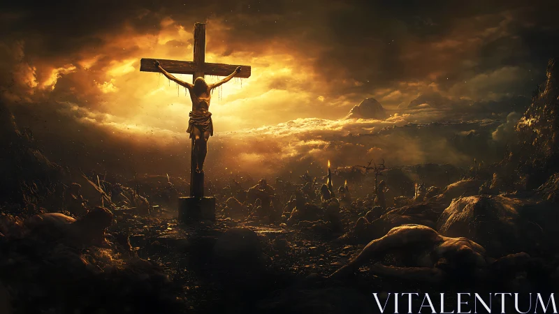 Crucifixion stands against apocalyptic sky of fire and ash