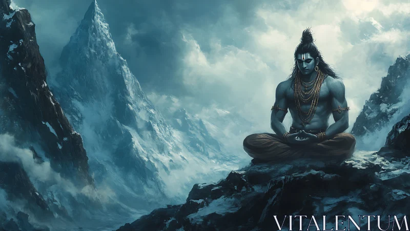 Meditating ascetic sits in icy Himalayan mountain silence.