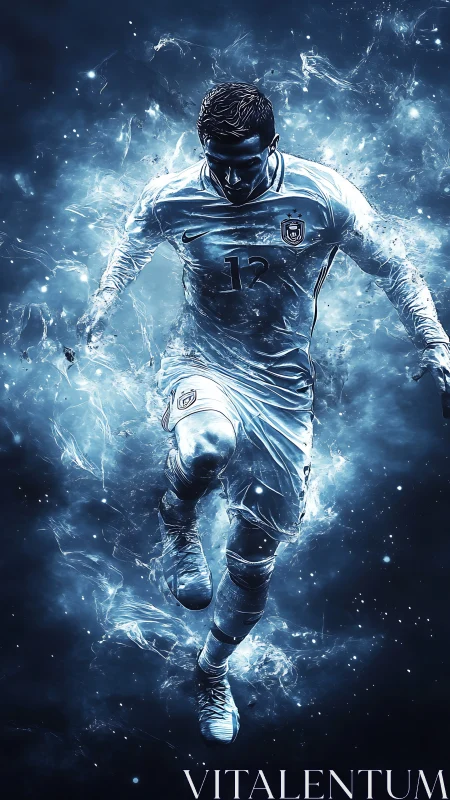 Streaking iceborn striker sprints through cosmic stadium storm