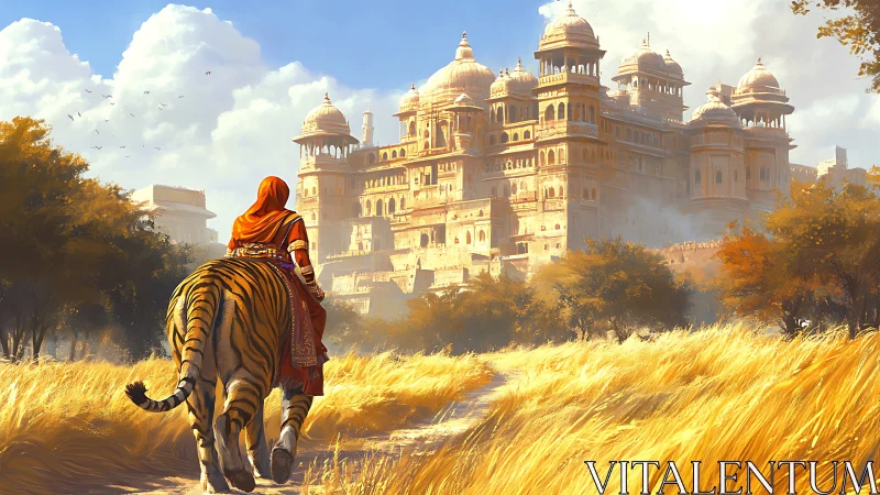 Rider on tiger approaching grand palace in golden field.
