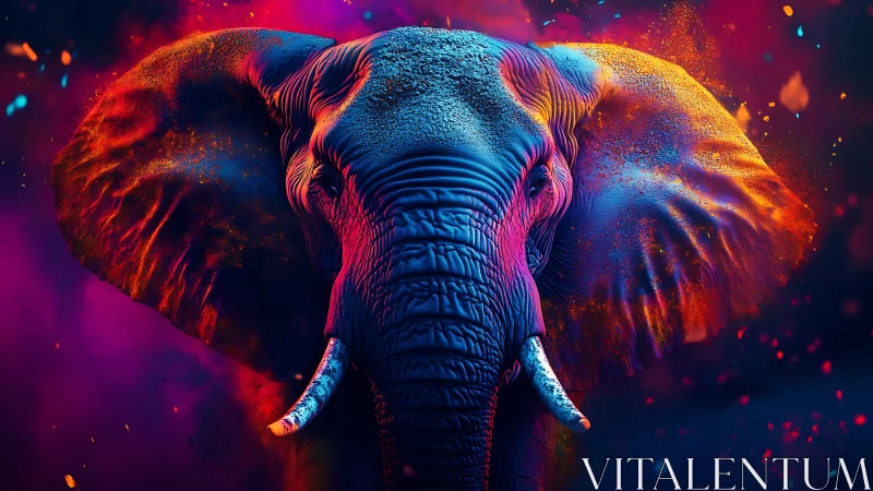 Bold neon elephant stands proud in glowing cosmic colors