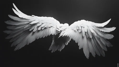White angelic wings spread in high-contrast monochrome studio.
