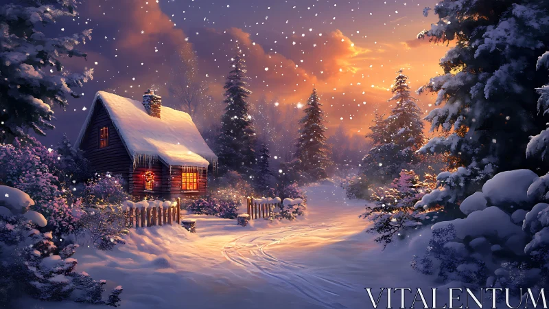 Snowy cabin glows warmly under a twilight winter sky