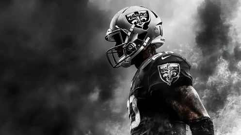 Storm-forged gridiron warrior strides through rising smoke