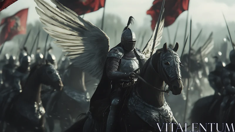 Winged warhost rides through mist toward crimson banners.