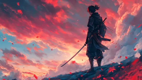 Skyline swordsman bathing in storm-tinted crimson clouds.