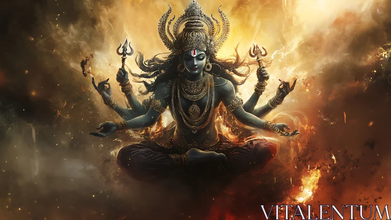 Fiery divine figure meditates in swirling cosmic power