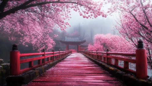 Digital painting of vermilion bridge amid cherry blossoms at dawn.