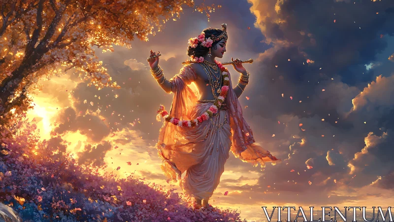 Divine flute player in ornate attire against sunset sky.