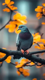 Urban pigeon portrait amid teal bokeh and amber foliage.