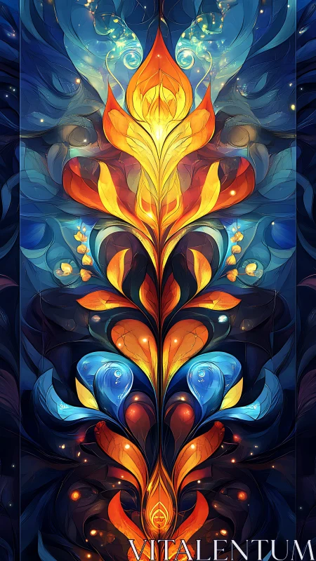 Symmetrical flame flower grows through deep blue night