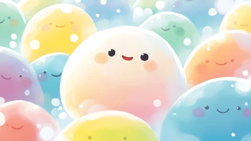 Pastel jelly bean crowd with one extra-sunny squish in center.