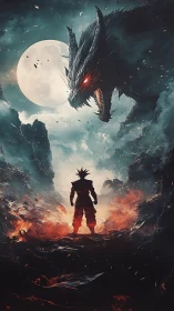 Lone warrior meets a fiery dragon beneath the full moon.