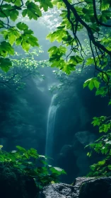 Hidden waterfall framed by verdant canopy above.