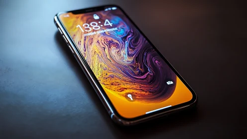 Modern smartphone with vibrant abstract liquid wallpaper display