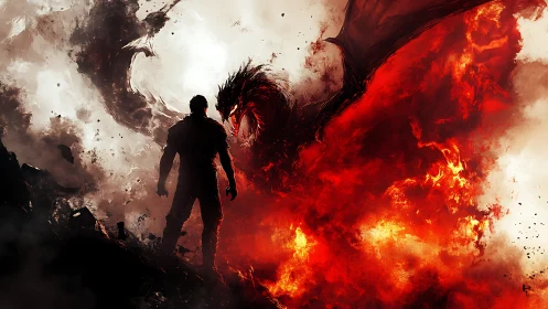 Silhouetted warrior confronts fire dragon amid split smoke and flame