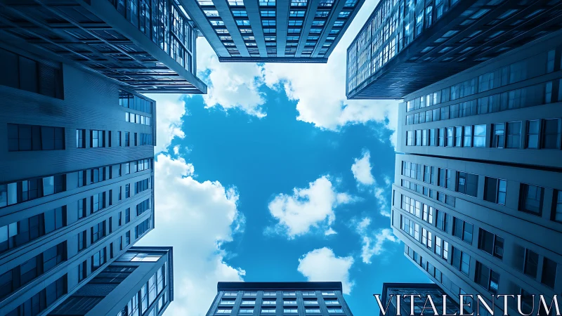 Sky-framed city towers meeting bright wandering clouds.