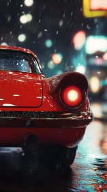 Vintage red coupe tail-light glowing in rainy neon street.