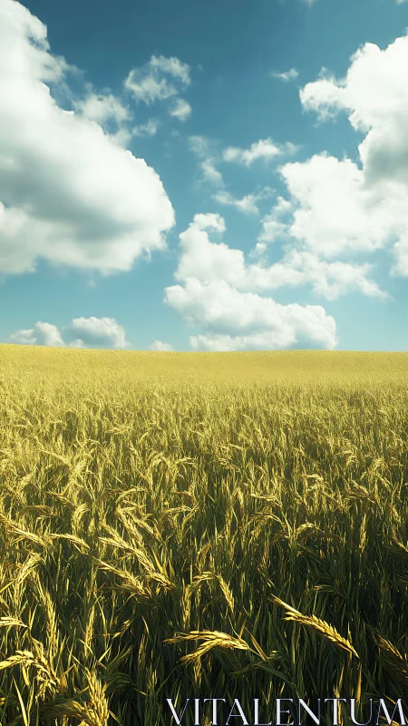 Golden wheat field under expansive cumulus cloud summer sky