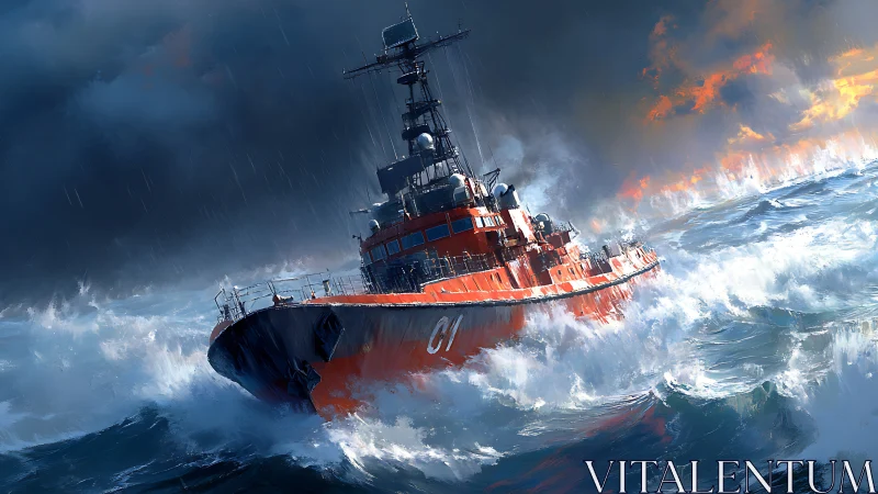 Digital painting of rescue ship in storm surge, cinematic framing.