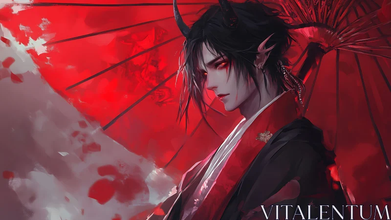 Horned male figure with red umbrella in stylized portrait.