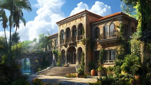 Mediterranean villa courtyard with lush cascading garden waterfall