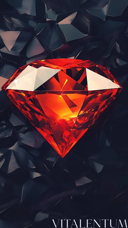 Crimson gem hovers like molten code above onyx shards