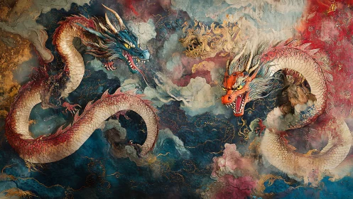 Twin oriental dragons circling in turbulent painted clouds.