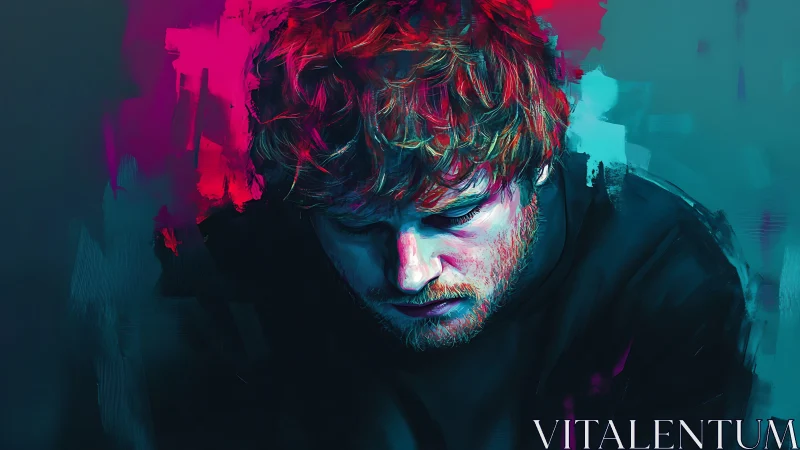 Moody portrait of a thoughtful man in neon brushstrokes.