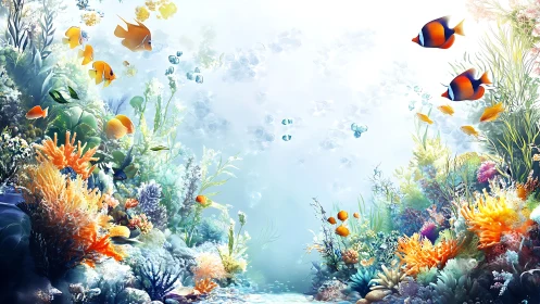 Tropical reef fish swim over dense coral under bright water