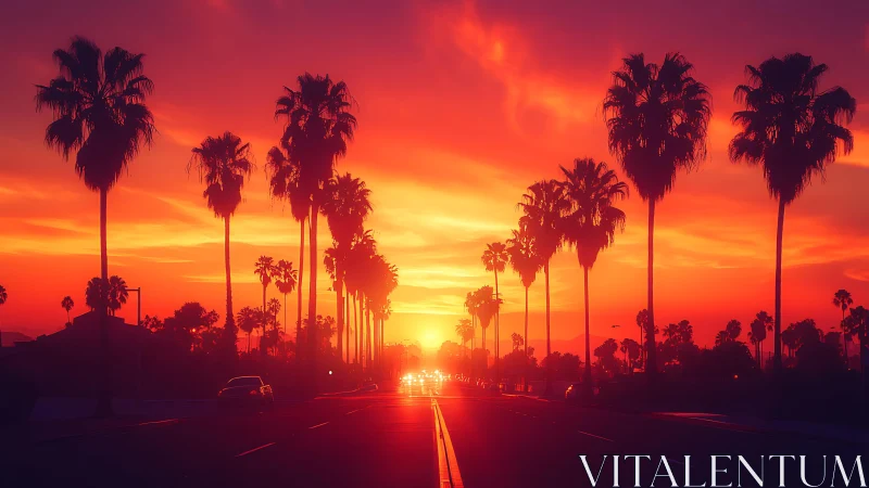 Palm-lined roadway extends toward intense sunset horizon