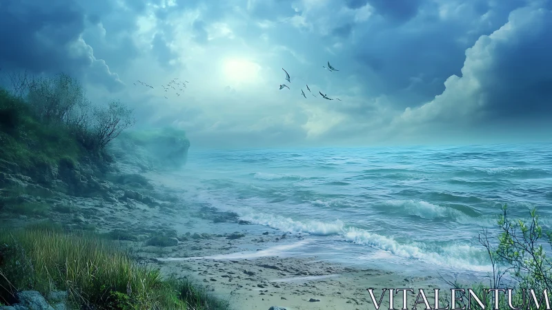 Dreamlike misty coastline glows beneath a luminous sky.